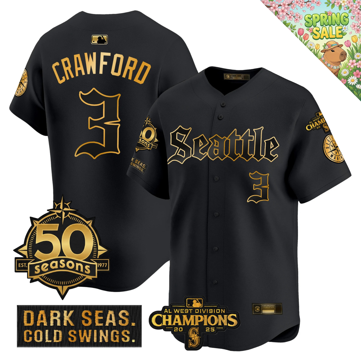 SEA Vapor Limited Gold Jersey - 50th Anniversary & 2025 AL West Champs Patch - All Stitched