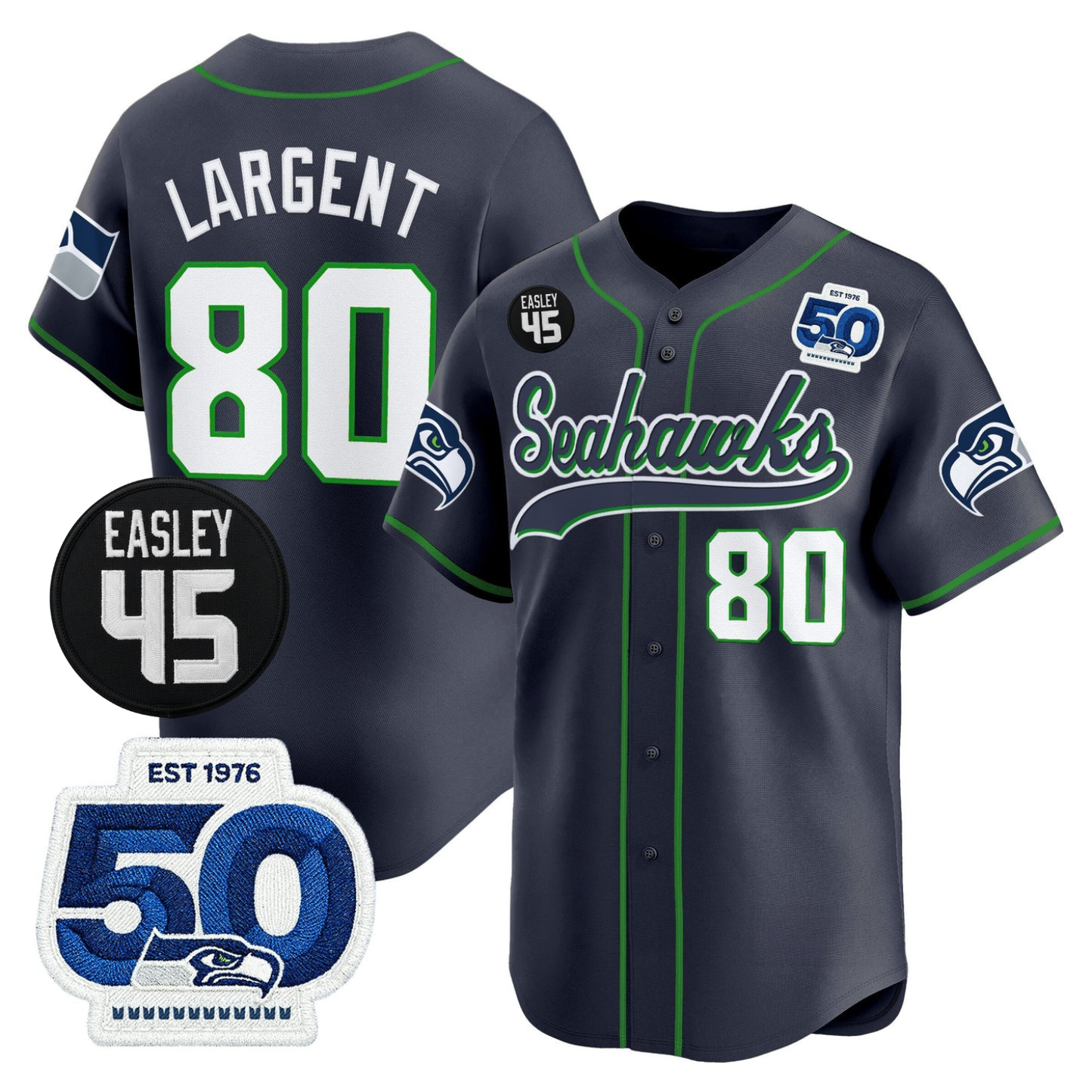 Seattle Seahawks 50th & Easley Tribute Patch Vapor Baseball Jersey - All Stitched