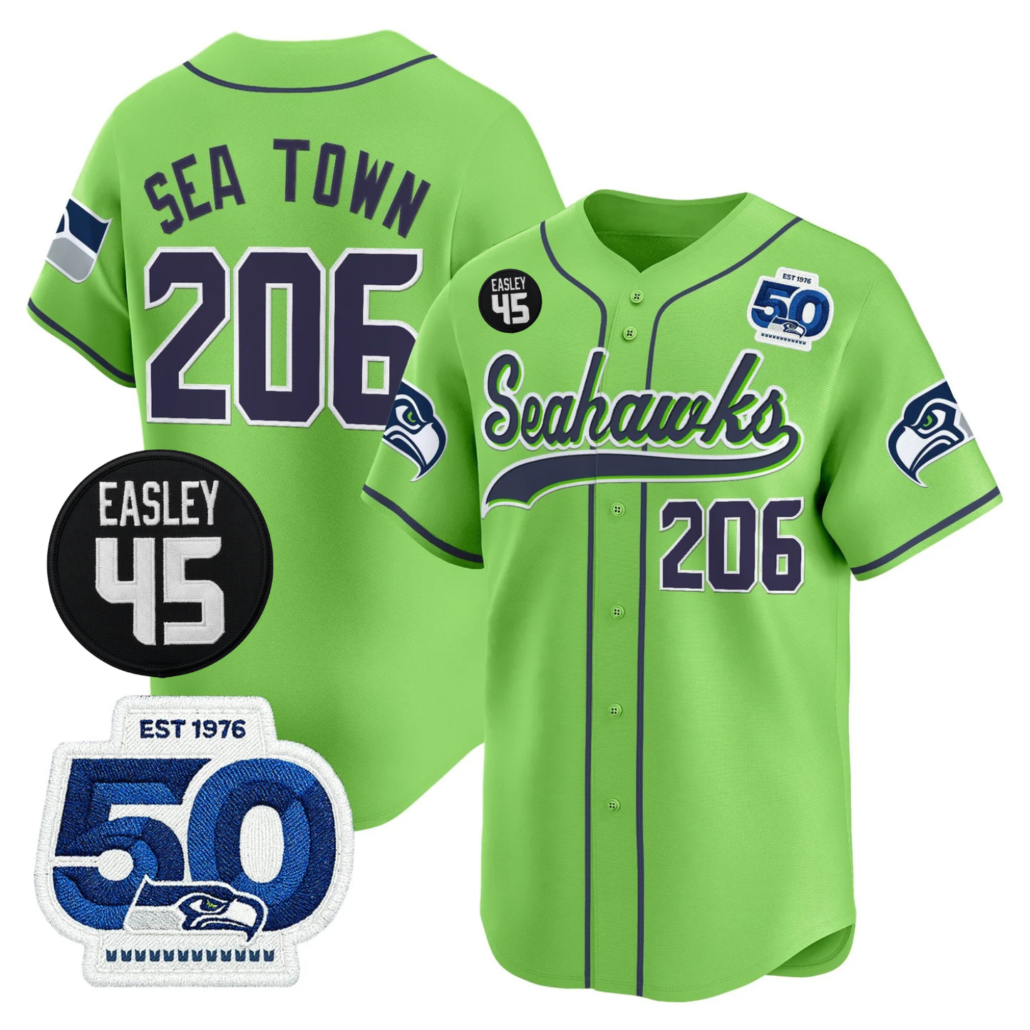 Seattle Seahawks 50th & Easley Tribute Patch Vapor Baseball Jersey - All Stitched