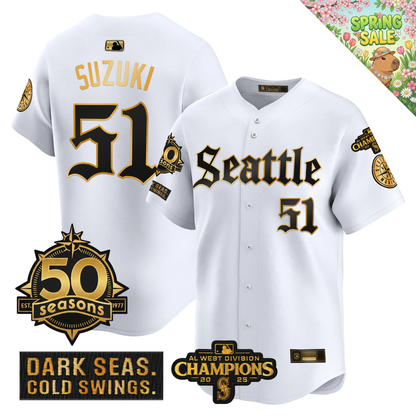 SEA 2026 Vapor Limited Gold Jersey - 50th Anniversary & AL West Division Champions Patch - All Stitched