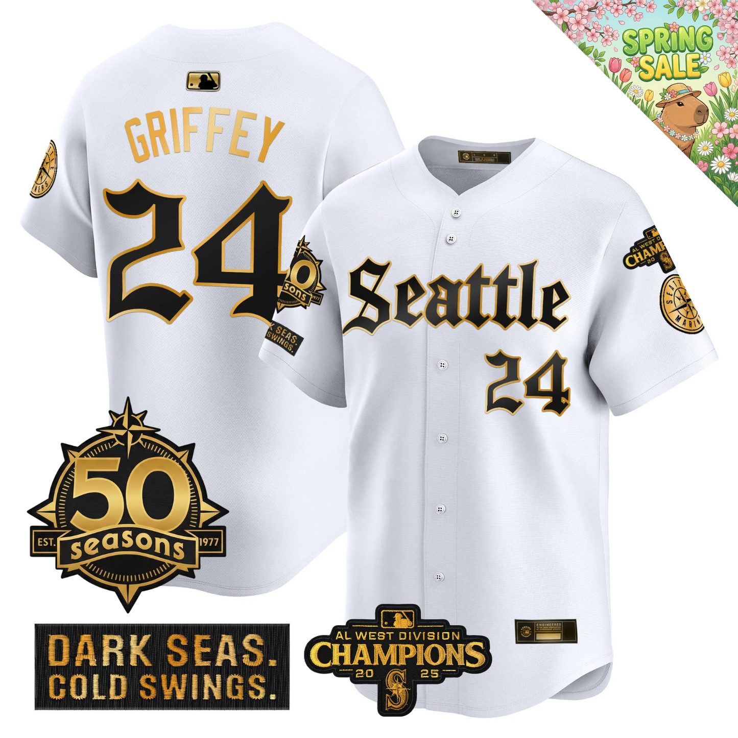 SEA Vapor Limited Gold Jersey - 50th Anniversary & 2025 AL West Champs Patch - All Stitched