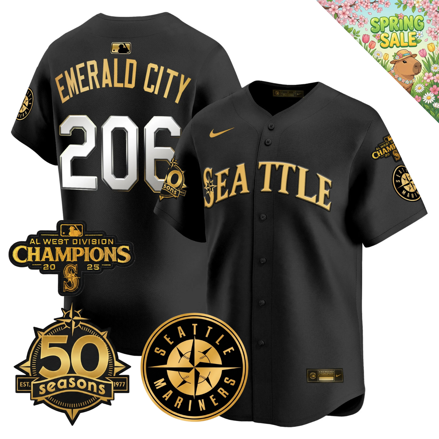 SEA Vapor Limited Gold Jersey - 50th Anniversary & 2025 AL West Champs Patch - All Stitched