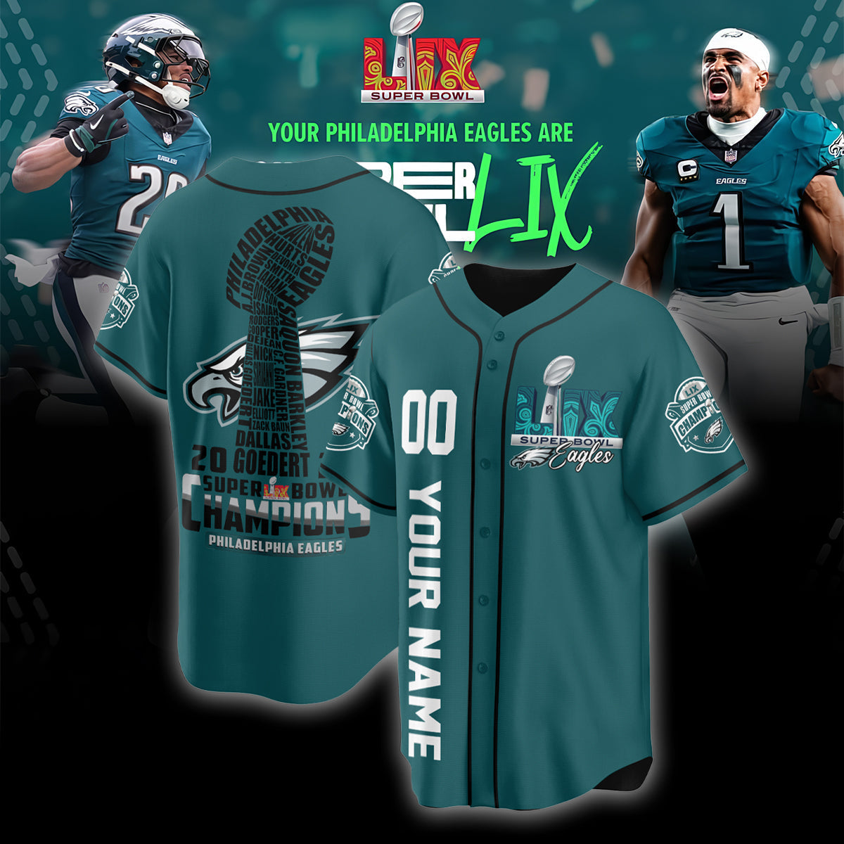 PHI Super Bowl LIX Champions Custom Limited Jersey N3