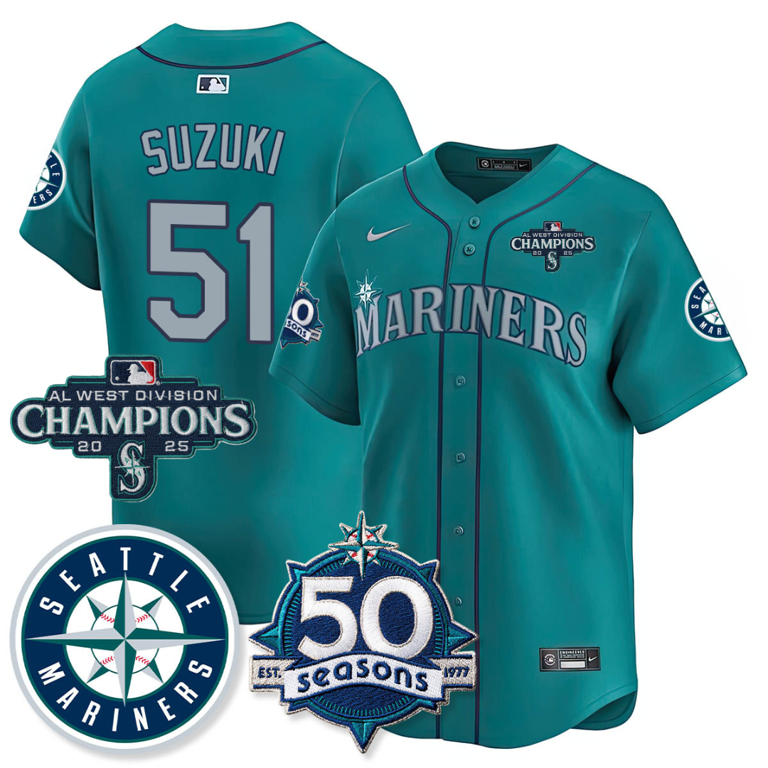 SEA Vapor Premier Limited Jersey - 50th Anniversary & AL West Division Champions - All Stitched Teal / Ichiro Suzuki