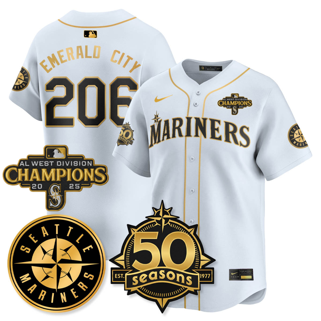 SEA Vapor Premier Limited Jersey - 50th Anniversary & AL West Division Champions - All Stitched White Gold / Emerald