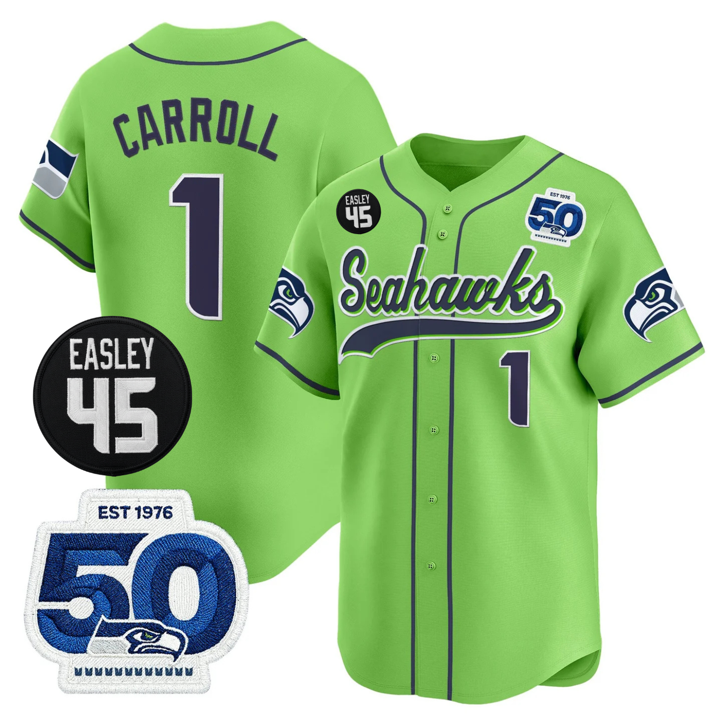 Seattle Seahawks 50th & Easley Tribute Patch Vapor Baseball Jersey - All Stitched