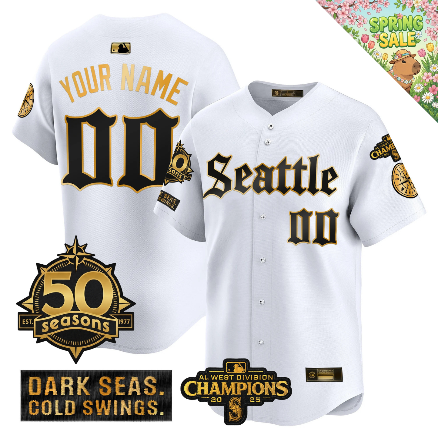 SEA Vapor Limited Gold Jersey - 50th Anniversary & 2025 AL West Champs Patch - All Stitched