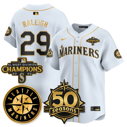 SEA Vapor Premier Limited Jersey - 50th Anniversary & AL West Division Champions - All Stitched White Gold / Cal