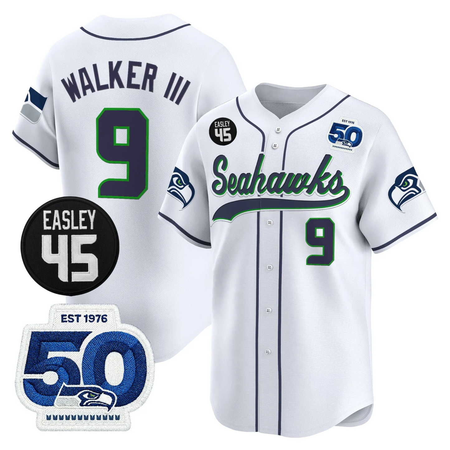 Seattle Seahawks 50th & Easley Tribute Patch Vapor Baseball Jersey - All Stitched
