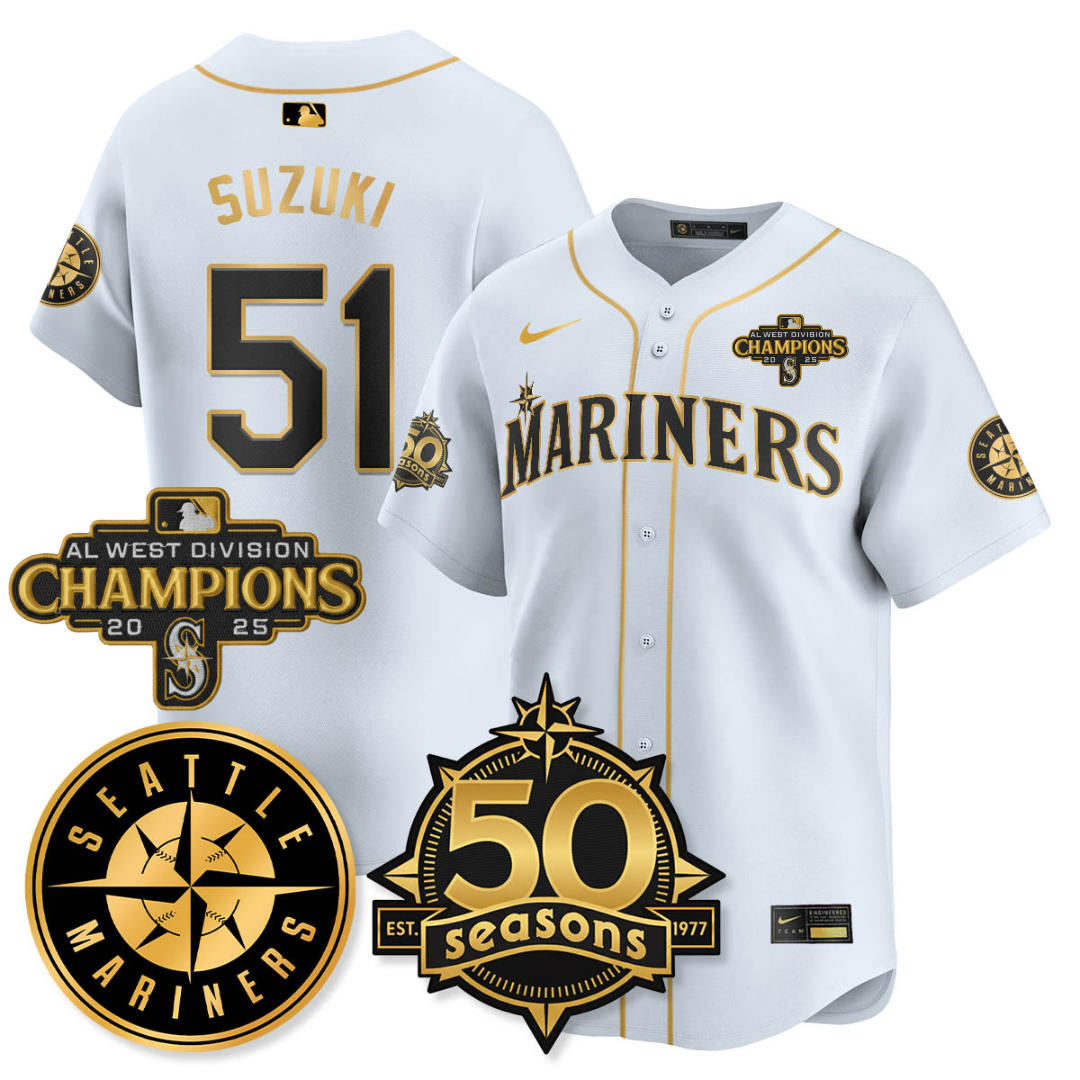 SEA Vapor Premier Limited Jersey - 50th Anniversary & AL West Division Champions - All Stitched White Gold / Ichiro