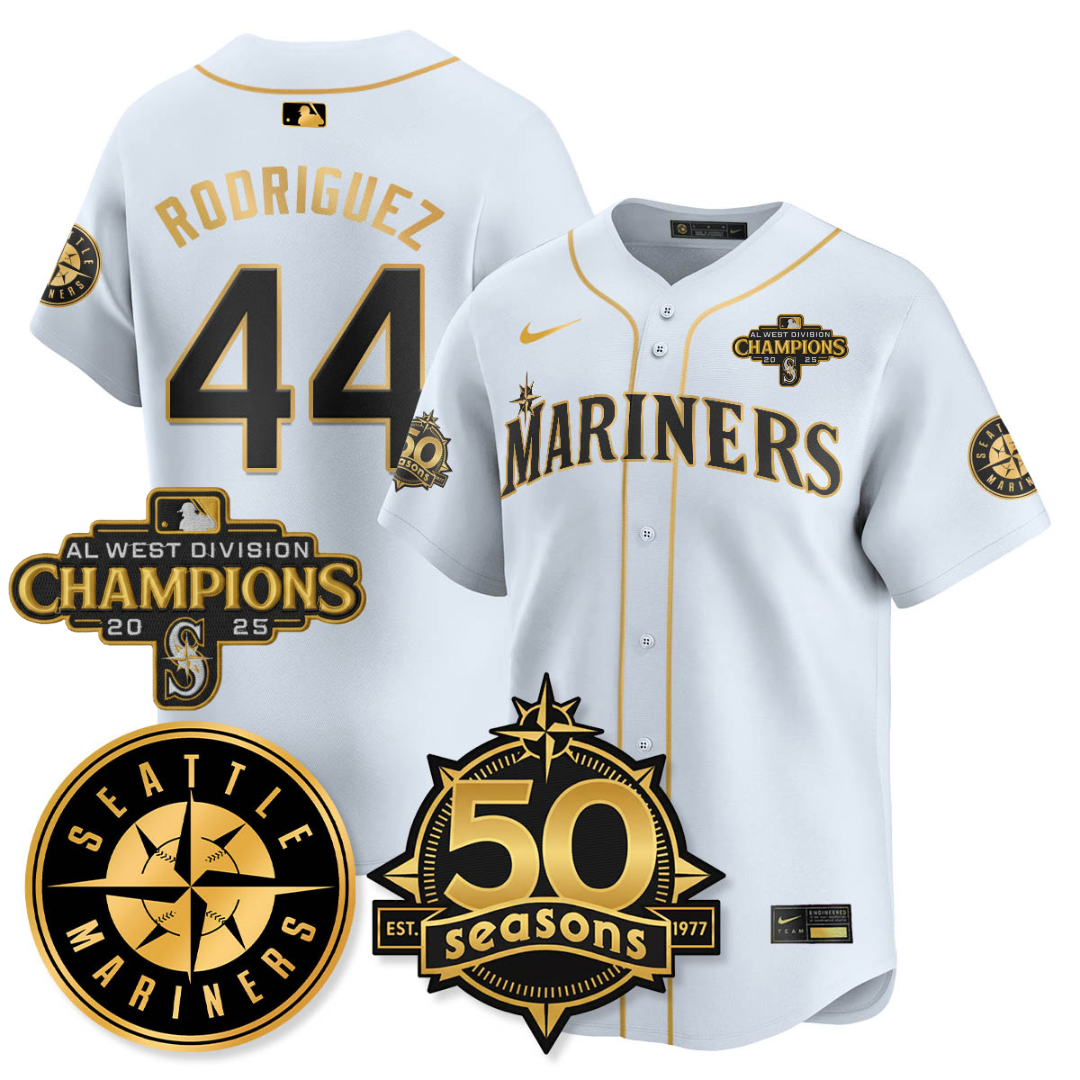 SEA Vapor Premier Limited Jersey - 50th Anniversary & AL West Division Champions - All Stitched White Gold / Julio