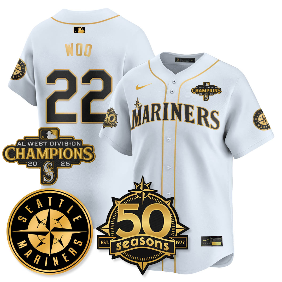 SEA Vapor Premier Limited Jersey - 50th Anniversary & AL West Division Champions - All Stitched White Gold / Bryan Woo