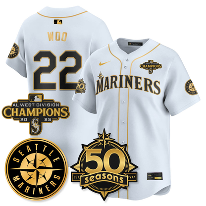 SEA Vapor Premier Limited Jersey - 50th Anniversary & AL West Division Champions - All Stitched White Gold / Bryan Woo