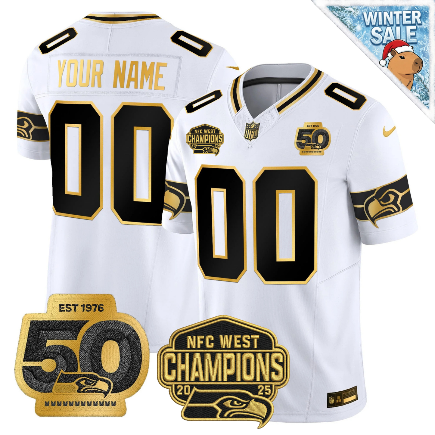 Custom SEA 50th & NFC West Champions Patch Patch Gold Vapor Limited Jersey - All Stitched