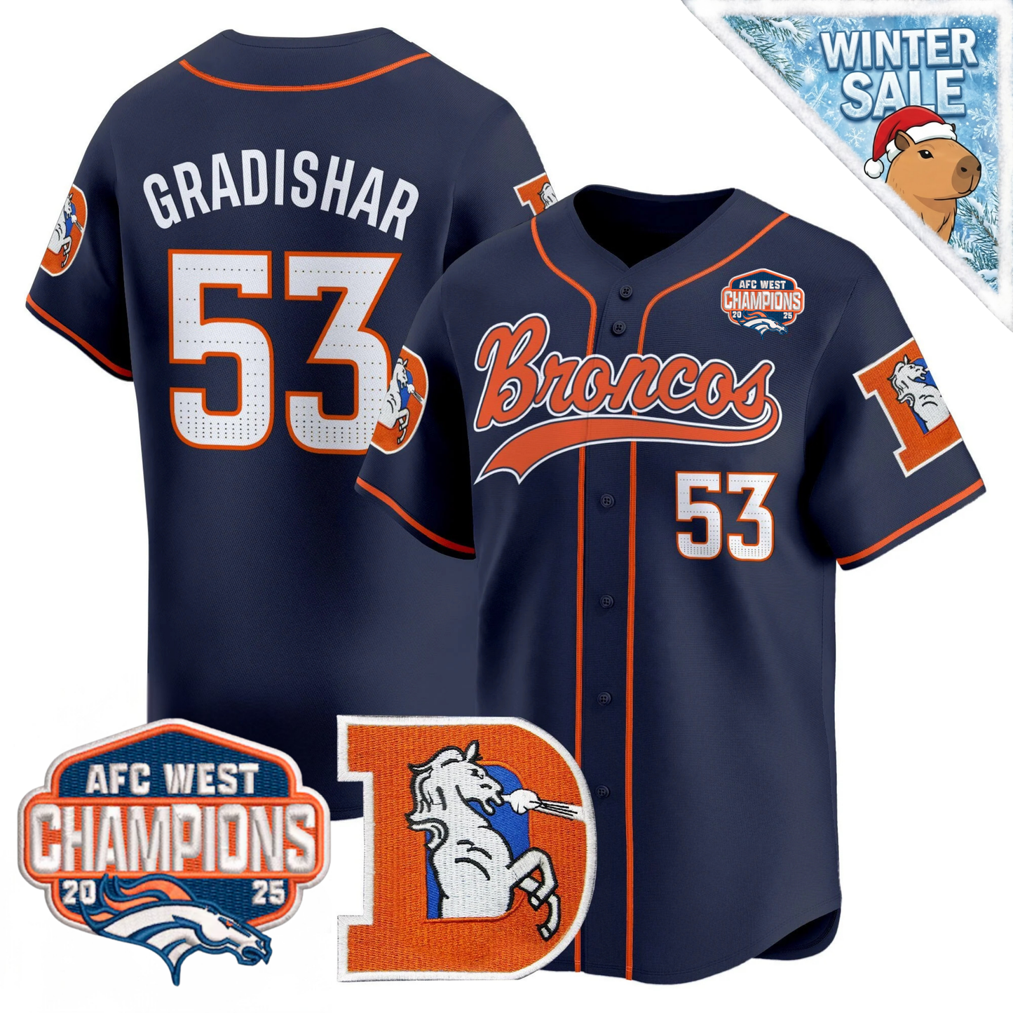 DEN AFC West Champions Patch Throwback Vapor Baseball Jersey - All Stitched