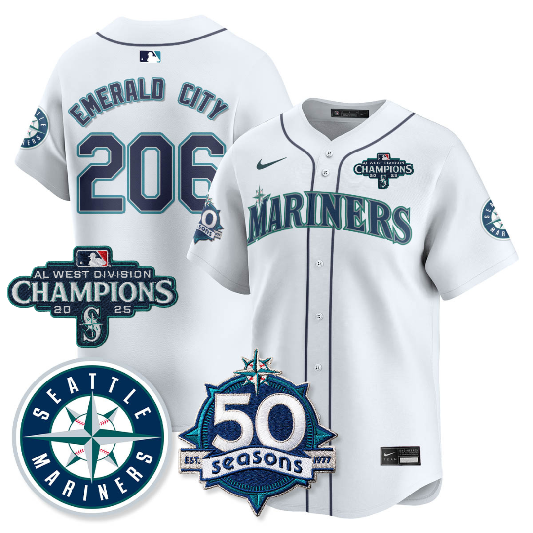 SEA Vapor Premier Limited Jersey - 50th Anniversary & AL West Division Champions - All Stitched White / Emerald City