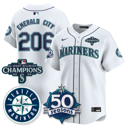 SEA Vapor Premier Limited Jersey - 50th Anniversary & AL West Division Champions - All Stitched White / Emerald City