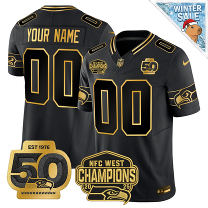 Custom SEA 50th & NFC West Champions Patch Patch Gold Vapor Limited Jersey - All Stitched