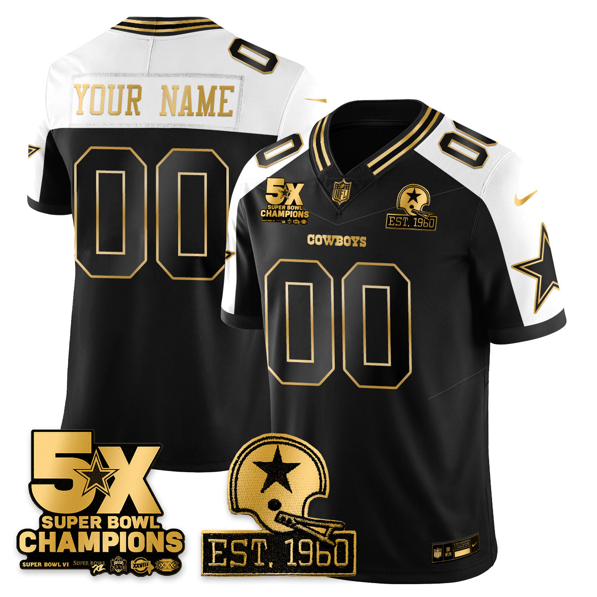 DAL 5-Time Champions Patch Vapor Limited Gold Custom Jersey - All Stitched