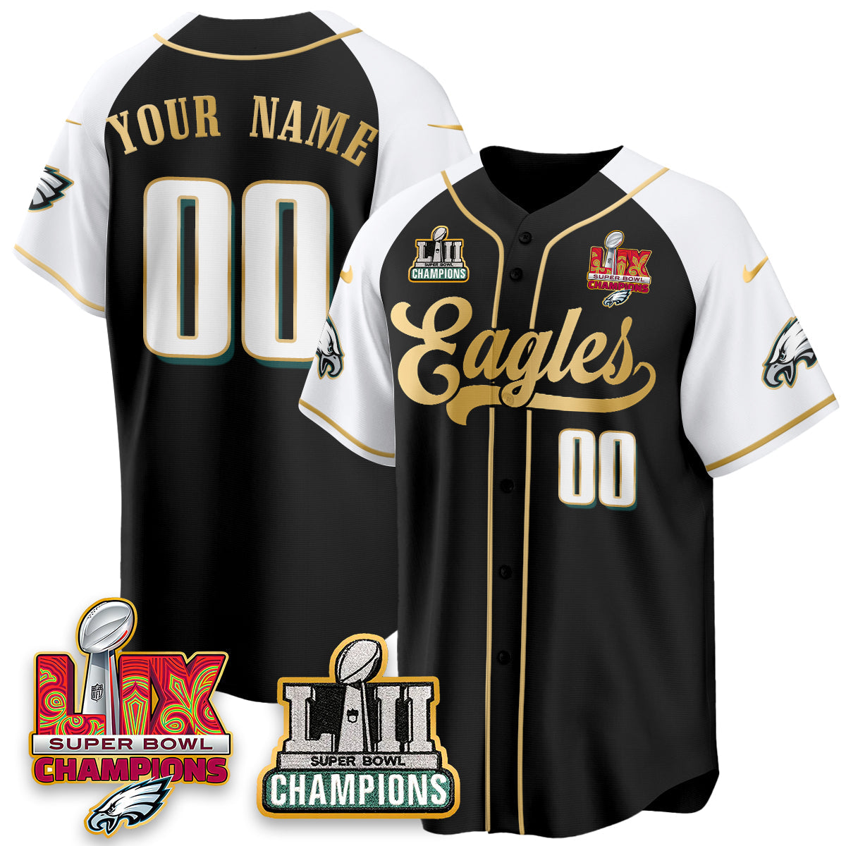 PHI LII-LIX Super Bowl Champions Vapor Limited Gold Baseball Jersey - All Stitched