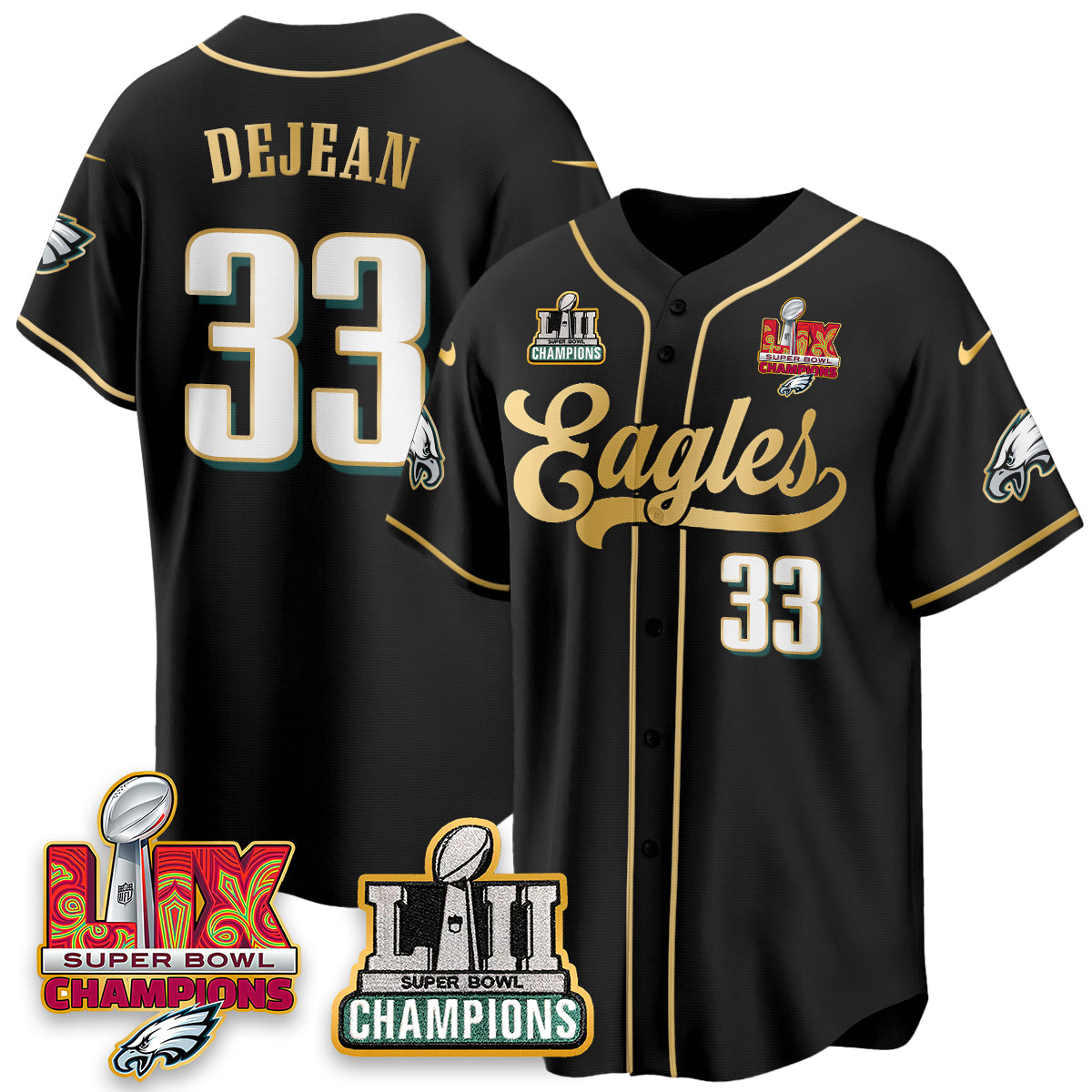 PHI LII-LIX Super Bowl Champions Vapor Limited Gold Baseball Jersey - All Stitched