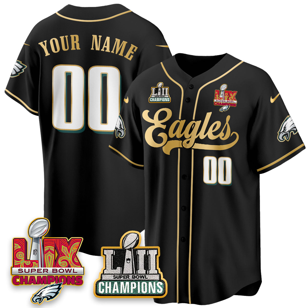 PHI LII-LIX Super Bowl Champions Vapor Limited Gold Baseball Jersey - All Stitched