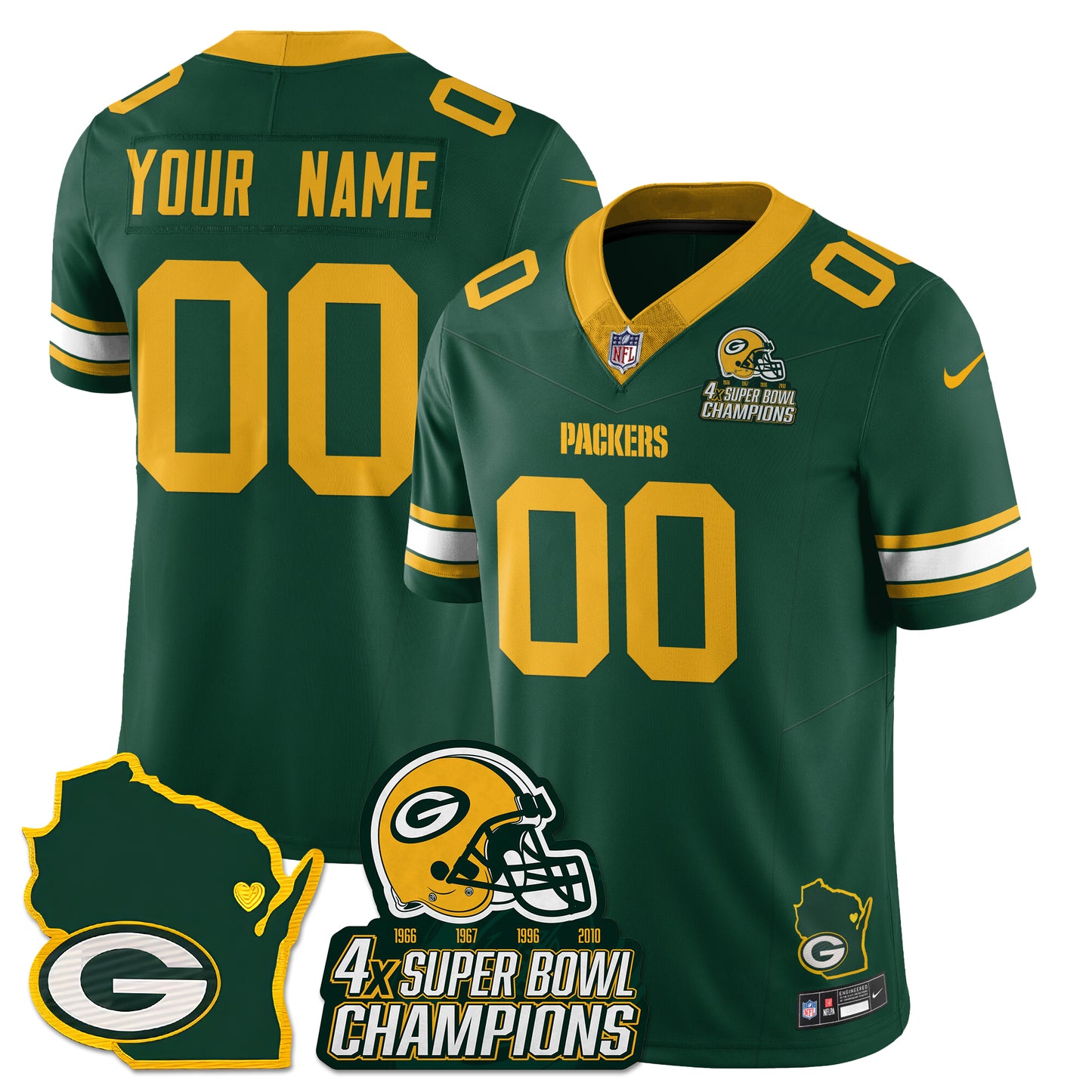 Custom GB 4-Time Champions Patch Vapor Limited Jersey - All Stitched