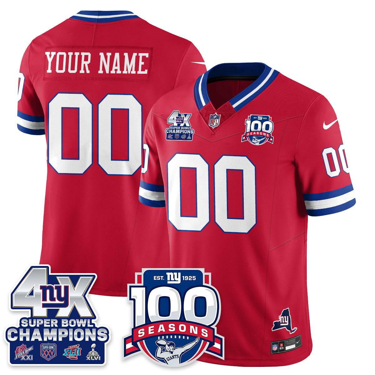 NYG 4-Time Champions Vapor Limited Custom Jersey- 100th Season - All Stitched