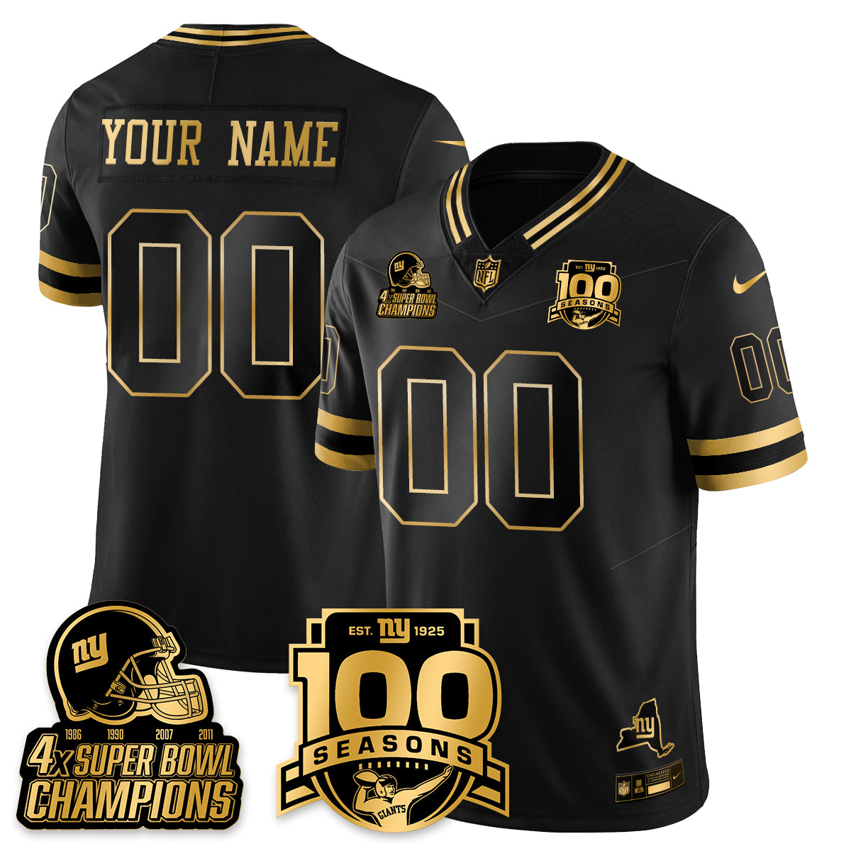 Custom NYG 4-Time Champions Limited Gold Jersey V2- 100th Season - All Stitched