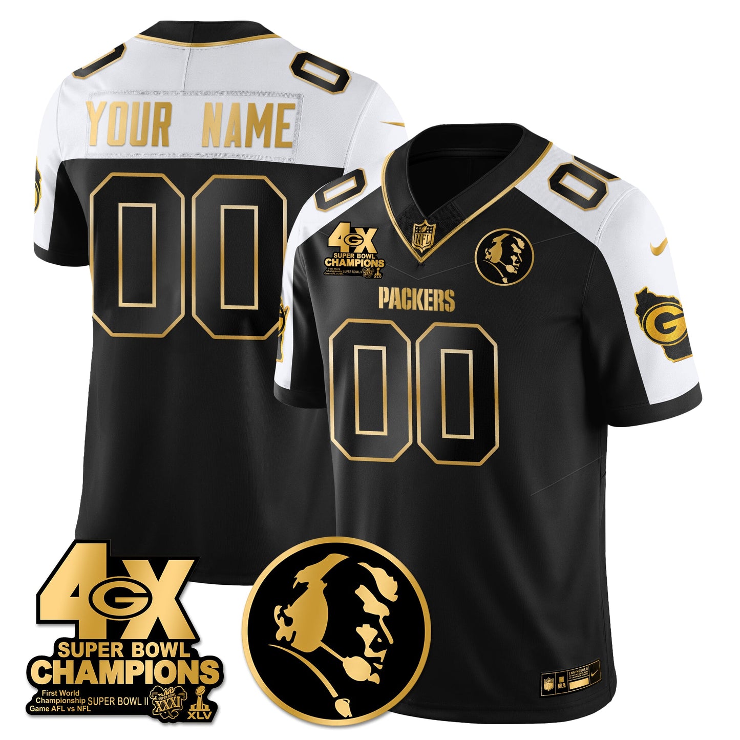 GB 4-Time Champions Vapor Limited Gold Custom Jersey - John Madden Patch - All Stitched