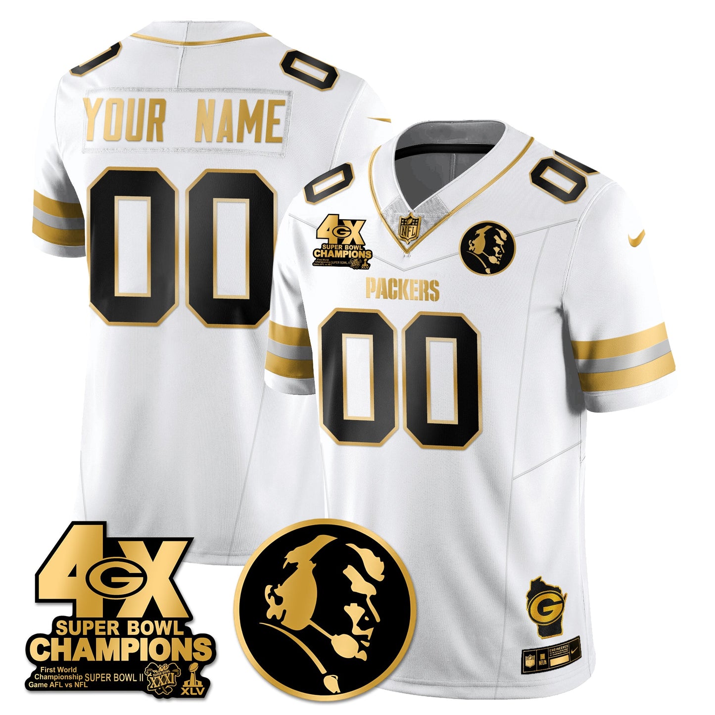 GB 4-Time Champions Vapor Limited Gold Custom Jersey - John Madden Patch - All Stitched