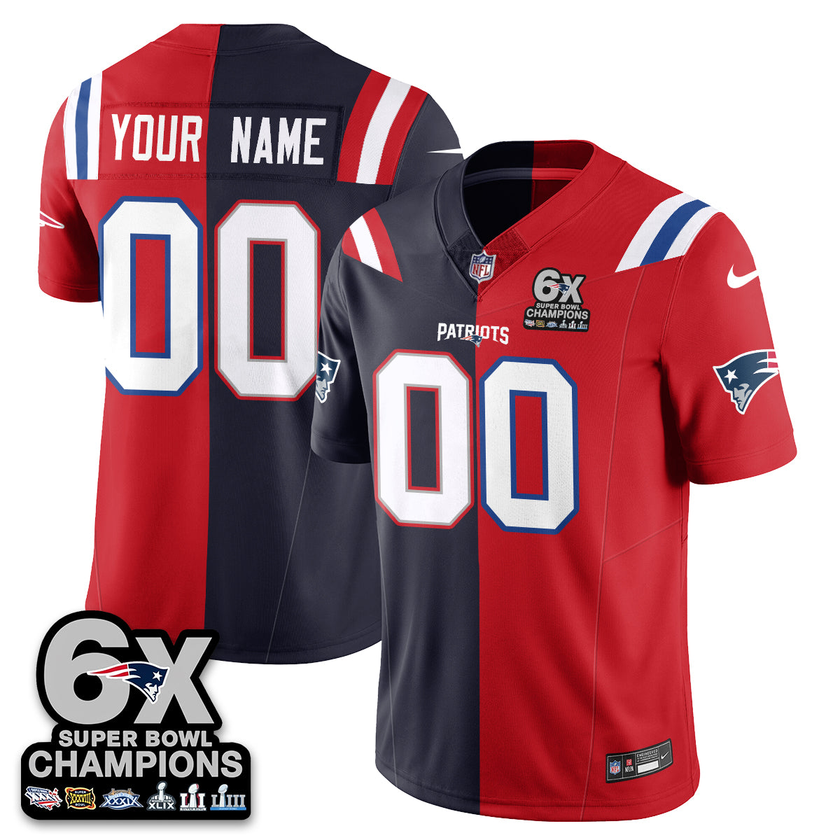 Custom NE 6-Time Champions Patch Vapor Limited Split Jersey - All Stitched