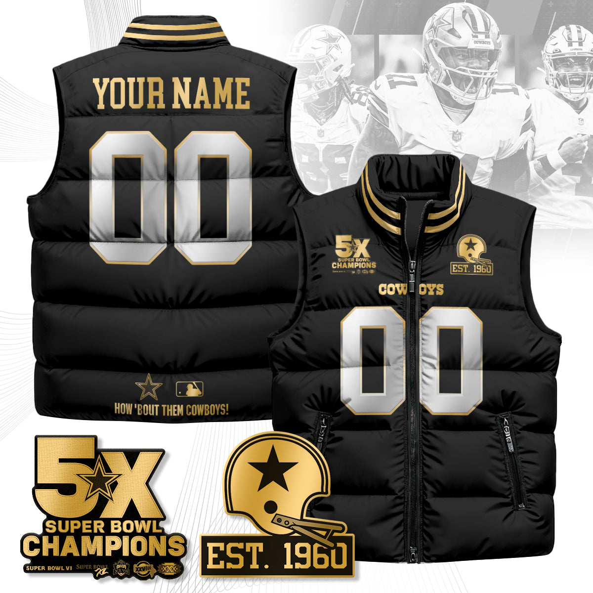 DAL 5-Time Champions Gold Unisex Custom Puffer Vest