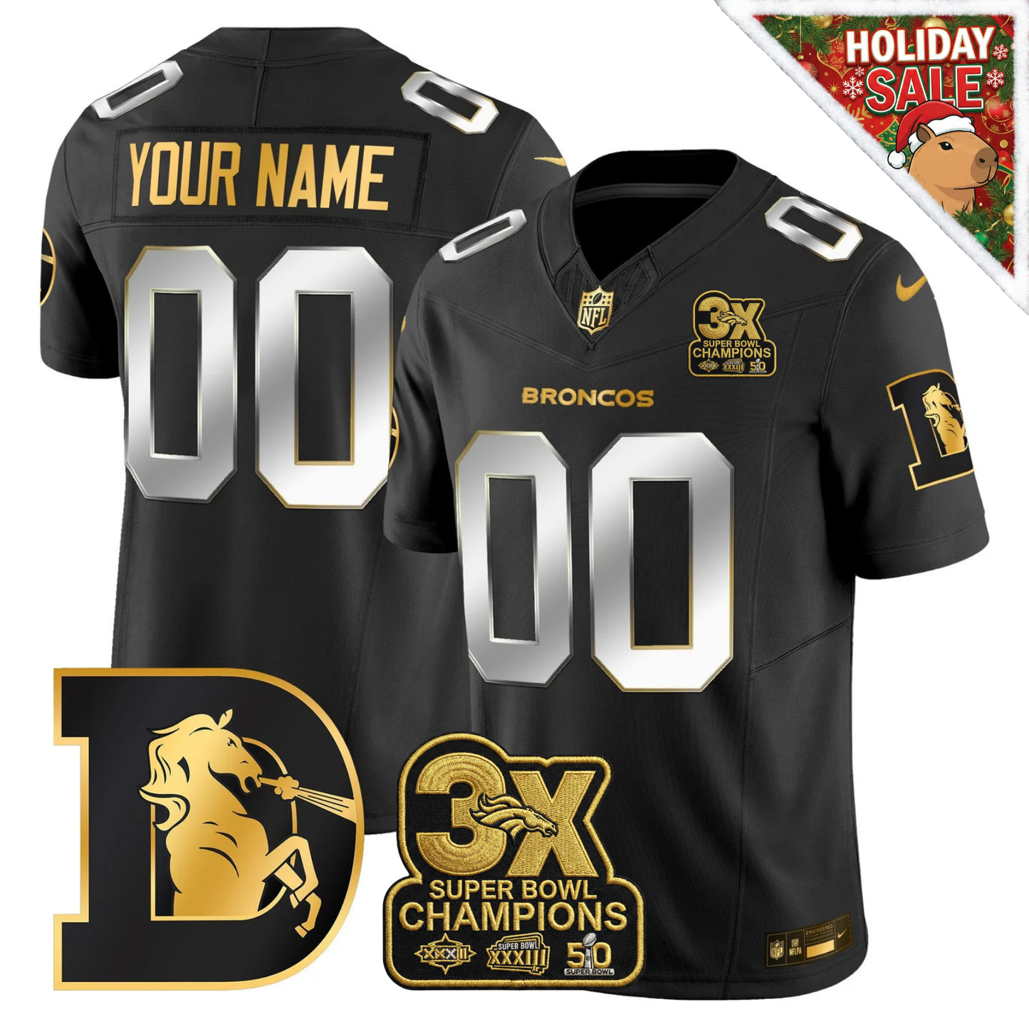 DEN 3x Champions Patch Throwback Gold Vapor Limited Custom Jersey - All Stitched