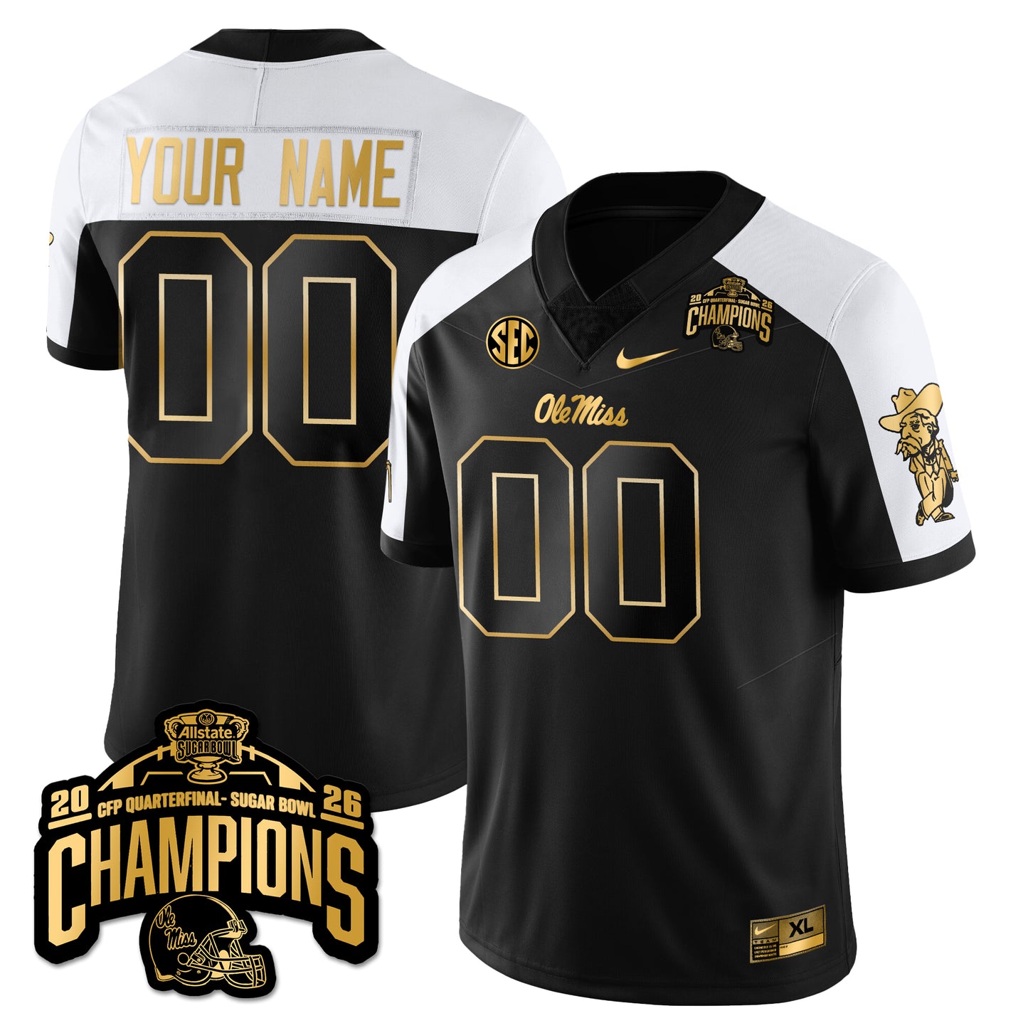 Custom Ole Miss Football Vapor Limited Gold Jersey - Allstate Sugar Bowl Champions - All Stitched