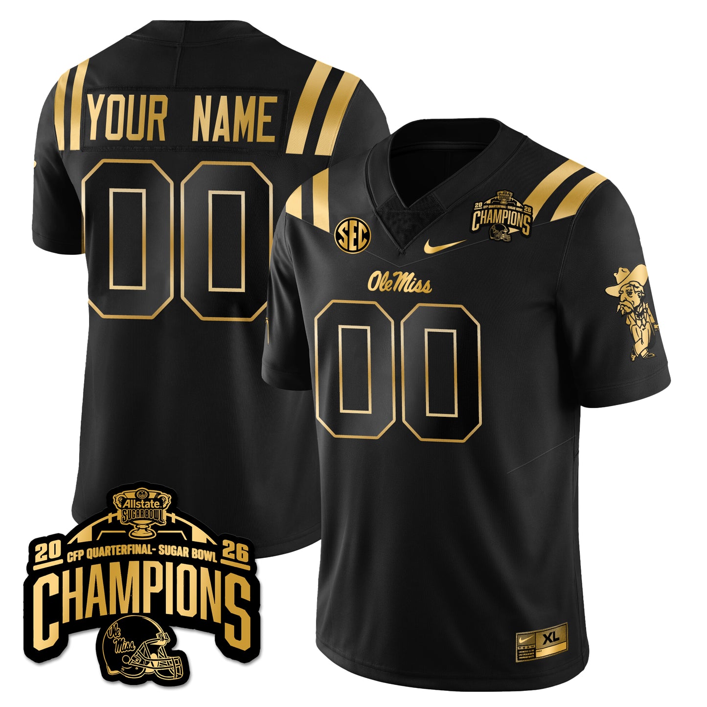 Custom Ole Miss Football Vapor Limited Gold Jersey - Allstate Sugar Bowl Champions - All Stitched