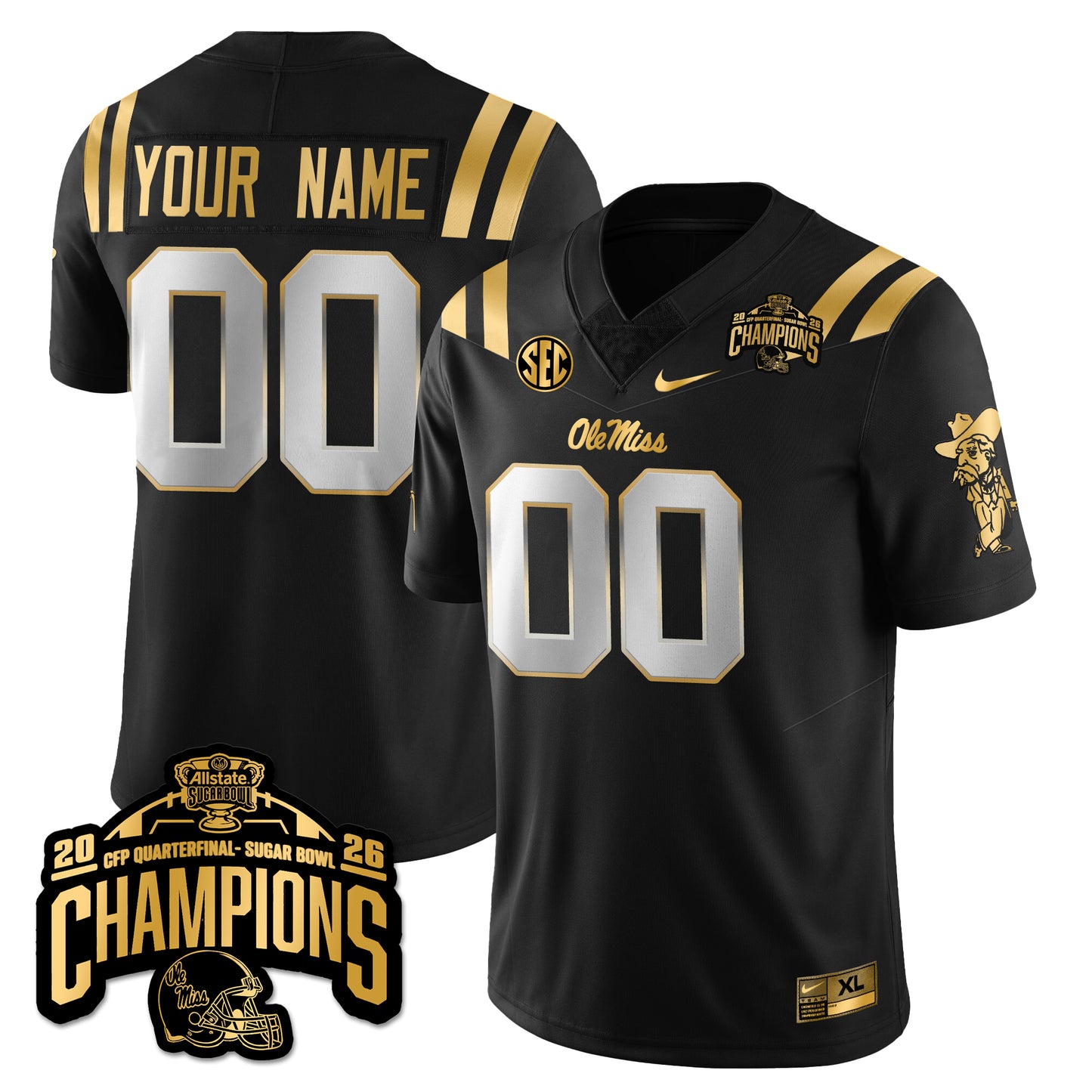Custom Ole Miss Football Vapor Limited Gold Jersey - Allstate Sugar Bowl Champions - All Stitched