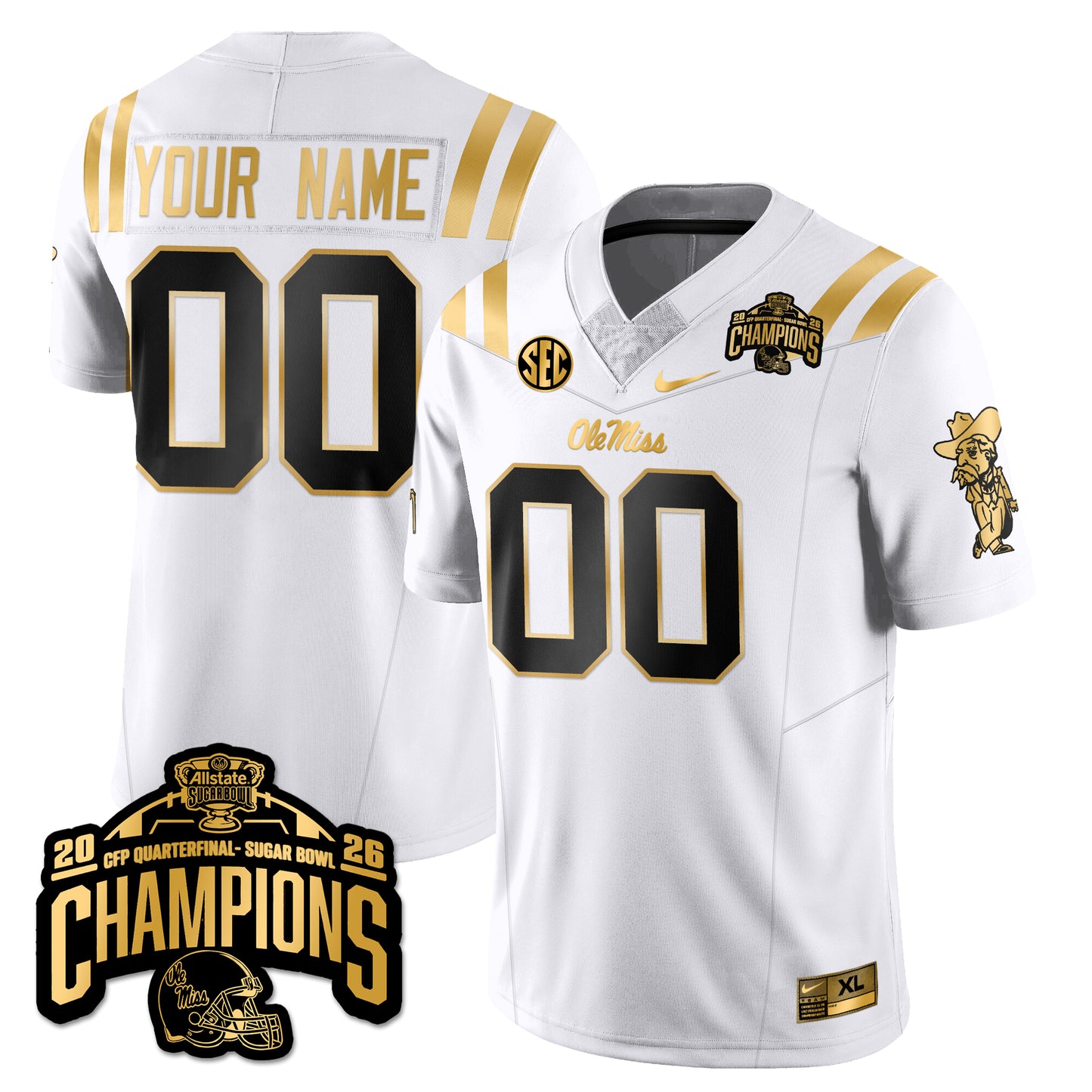 Custom Ole Miss Football Vapor Limited Gold Jersey - Allstate Sugar Bowl Champions - All Stitched