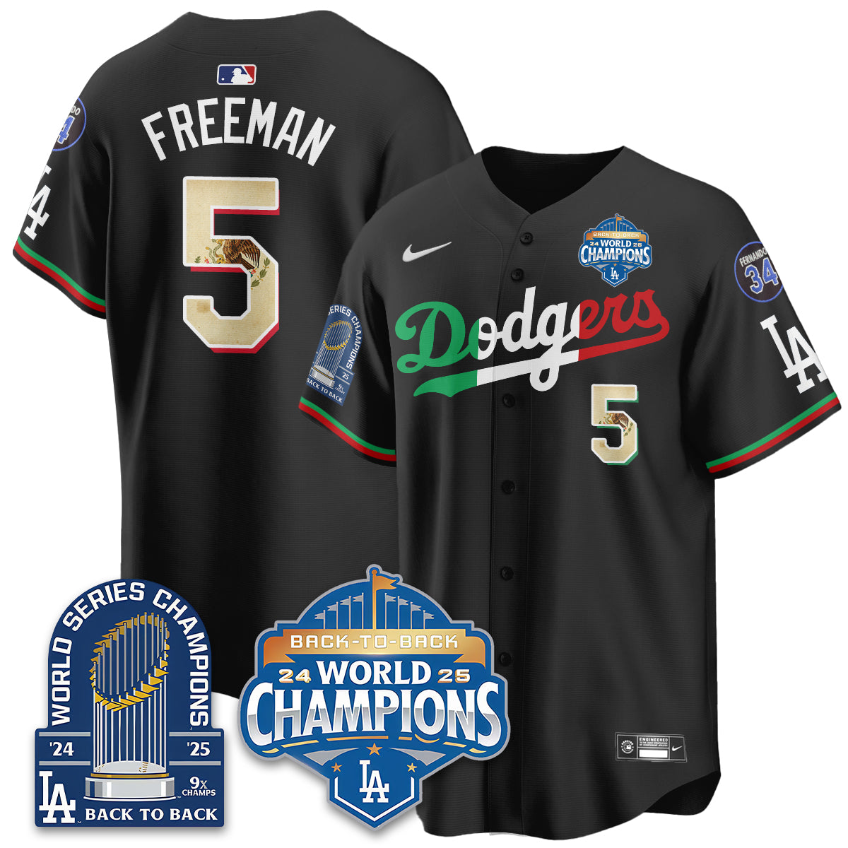 LAD Black Flag Mexico World Series Champions Jersey - 9x Champs - All Stitched