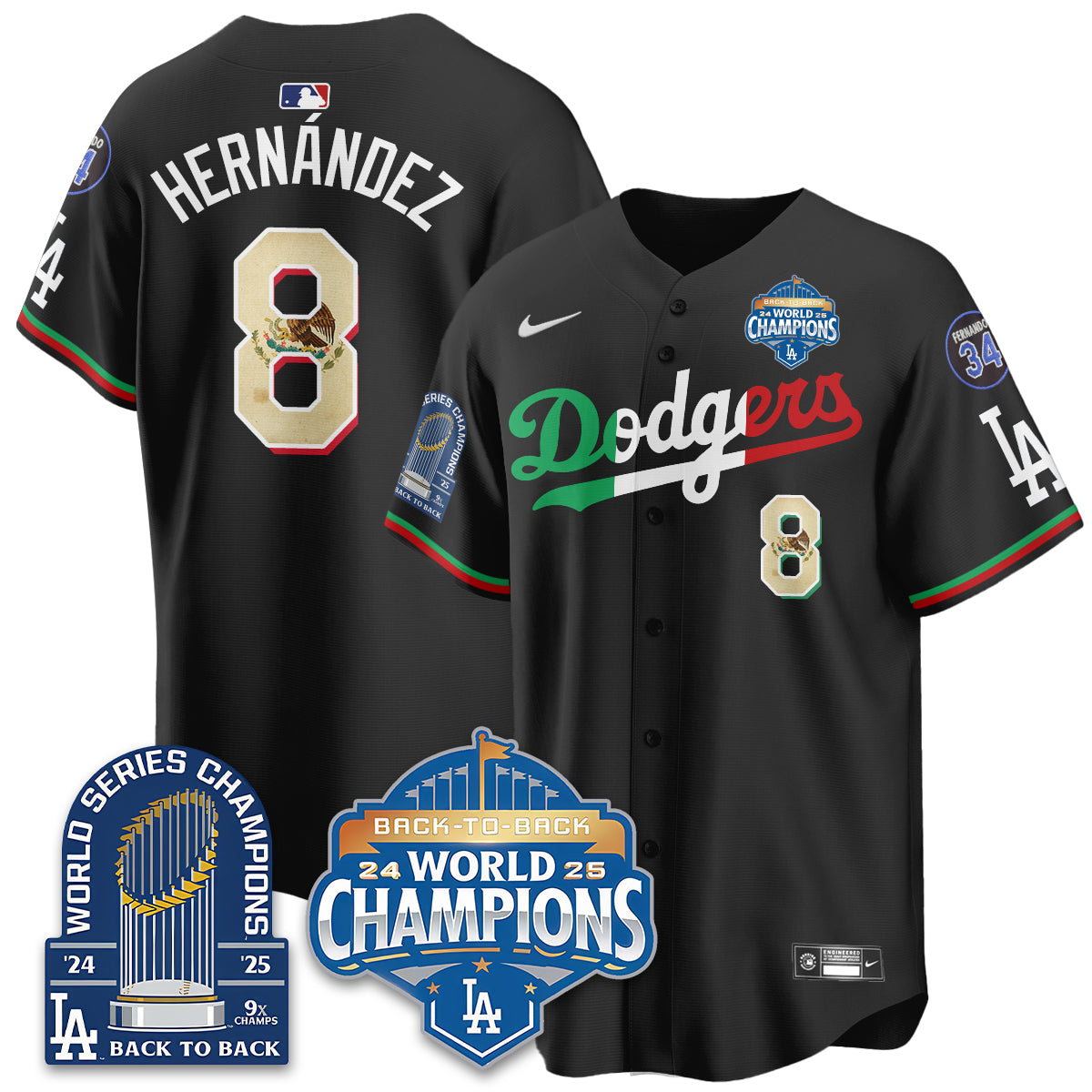 LAD Black Flag Mexico World Series Champions Jersey - 9x Champs - All Stitched