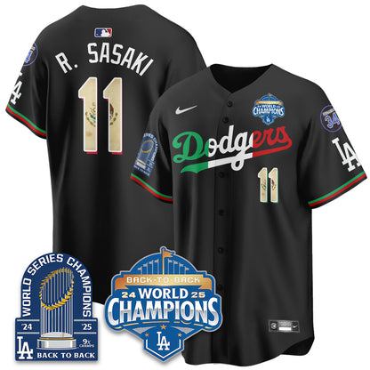 LAD Black Flag Mexico World Series Champions Jersey - 9x Champs - All Stitched