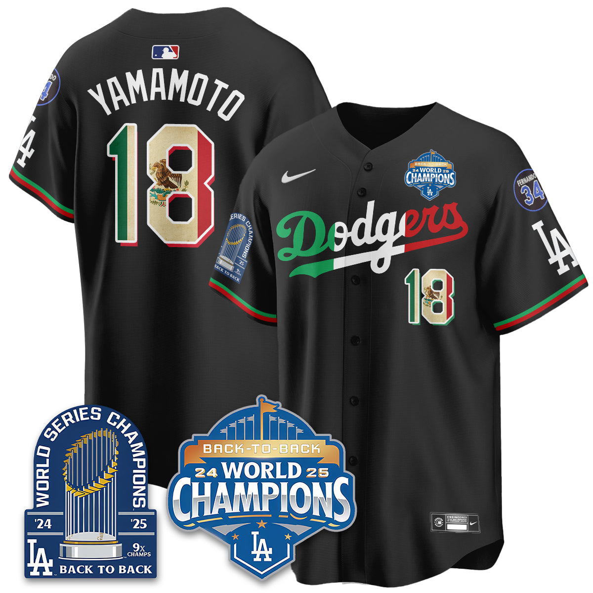LAD Black Flag Mexico World Series Champions Jersey - 9x Champs - All Stitched