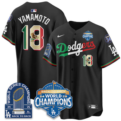 LAD Black Flag Mexico World Series Champions Jersey - 9x Champs - All Stitched