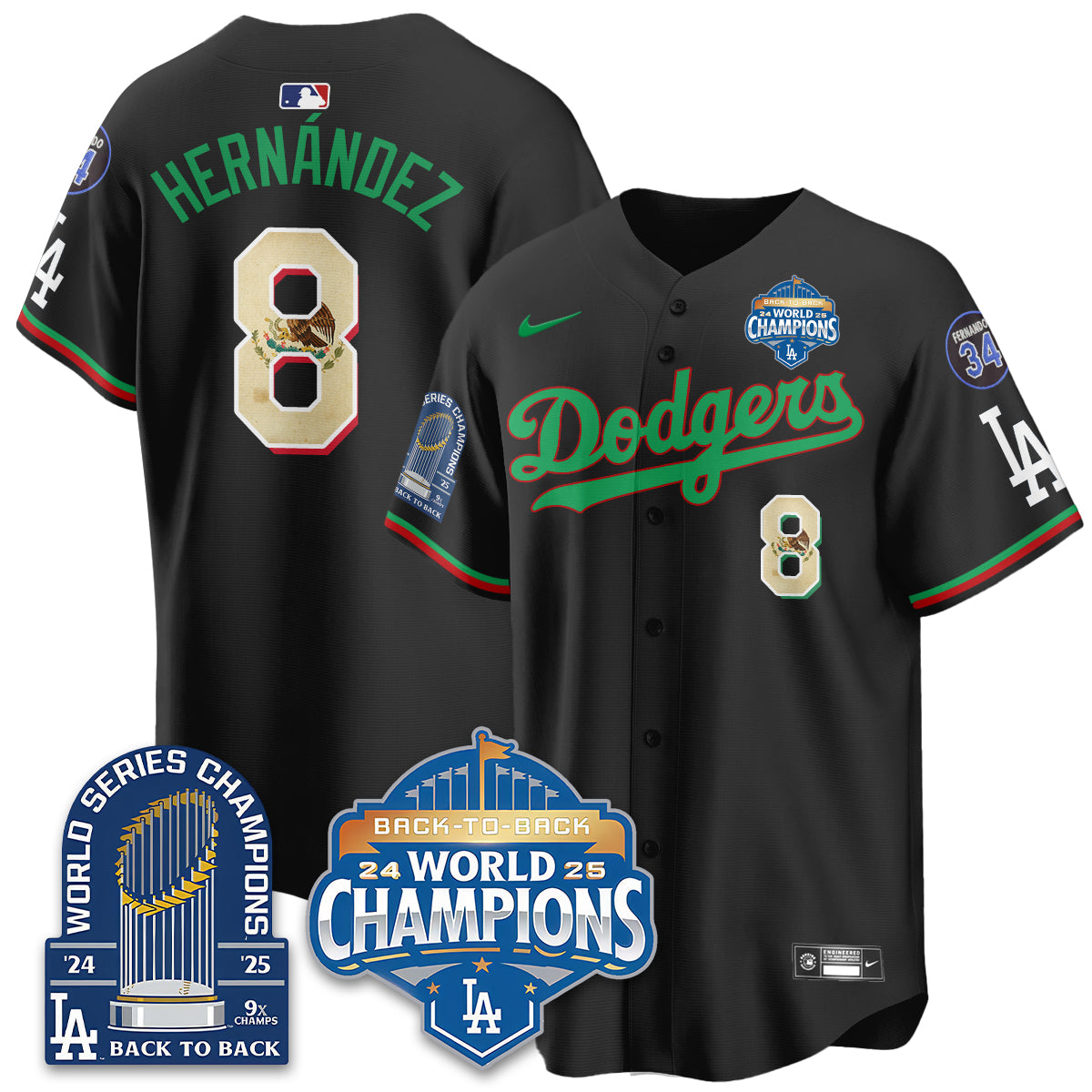 LAD Black Flag Mexico World Series Champions Jersey - 9x Champs - All Stitched
