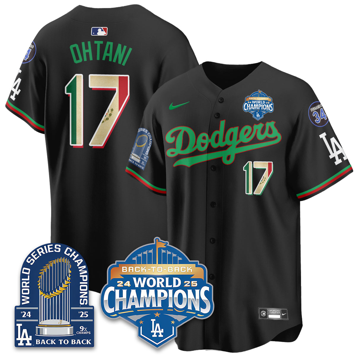 LAD Black Flag Mexico World Series Champions Jersey - 9x Champs - All Stitched