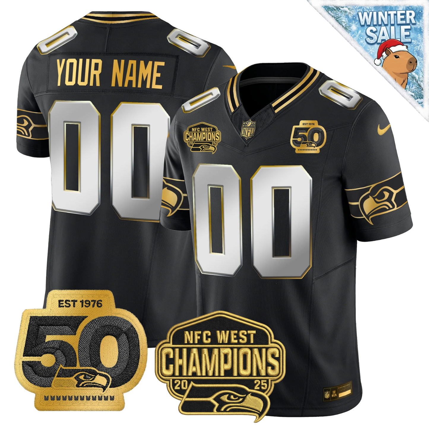 Custom SEA 50th & NFC West Champions Patch Patch Gold Vapor Limited Jersey - All Stitched