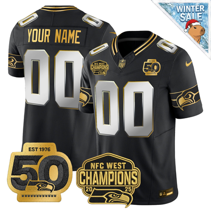 Custom SEA 50th & NFC West Champions Patch Patch Gold Vapor Limited Jersey - All Stitched