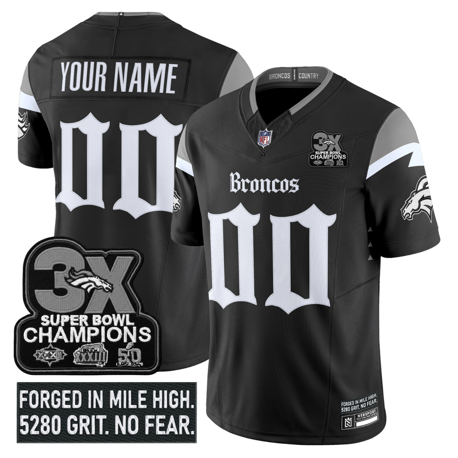 Custom DEN ‘Gothic Mile High Shadows Edition’ 3x Champions Vapor Limited Jersey – All Stitched Black