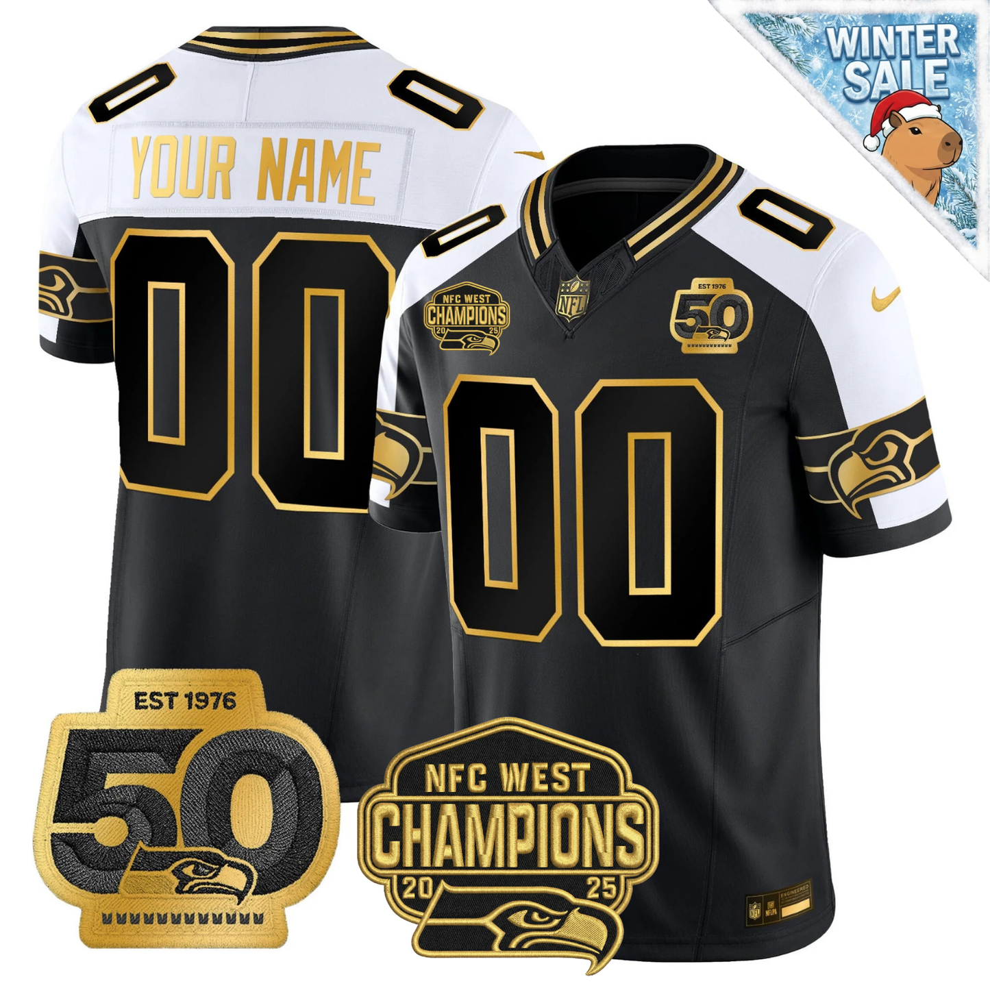 Custom SEA 50th & NFC West Champions Patch Patch Gold Vapor Limited Jersey - All Stitched