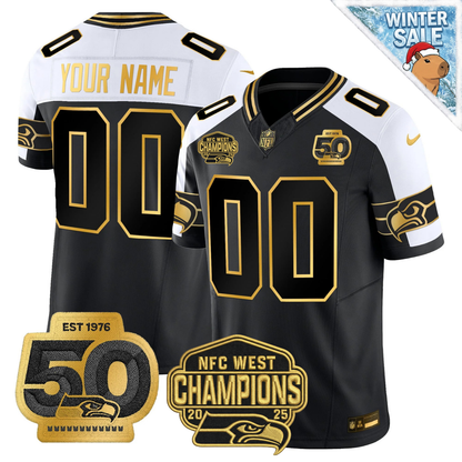 Custom SEA 50th & NFC West Champions Patch Patch Gold Vapor Limited Jersey - All Stitched